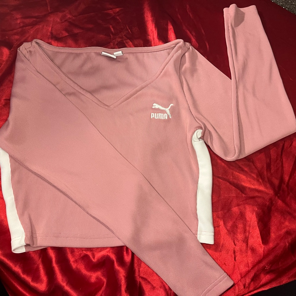 PUMA Women's Soft Pink and White Long Sleeve Tee
